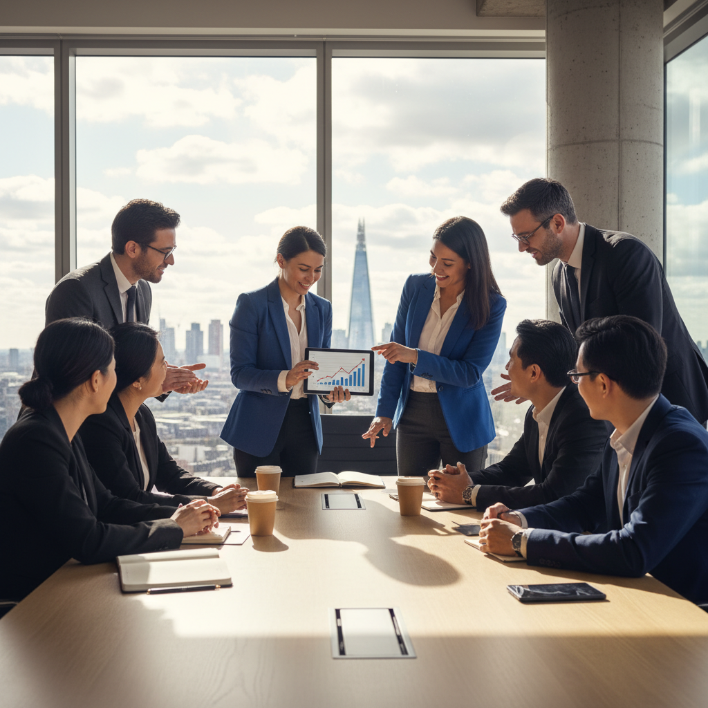 A professional, diverse group of business people from various ethnic backgrounds meeting in a modern, sunlit office in London, with iconic city buildings visible outside the window. They are discussing investment opportunities on a tablet with positive expressions. High-resolution, dynamic angle.
