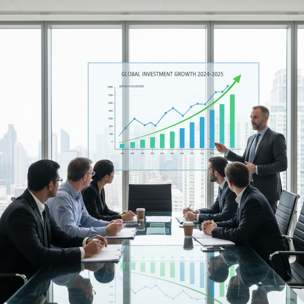 A diverse group of professional expatriates from various backgrounds sitting around a modern conference table, attentively listening to a professional financial advisor who is pointing at a digital financial projection on a large screen. The scene is bright and professional, depicting collaboration and expert guidance. Photorealistic.