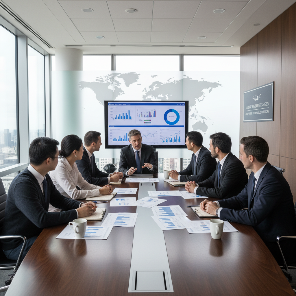 A diverse group of people from different nationalities sitting around a conference table with a financial advisor, looking at charts and documents, symbolizing global financial planning for expats. The setting is modern and professional, with a world map subtly in the background.