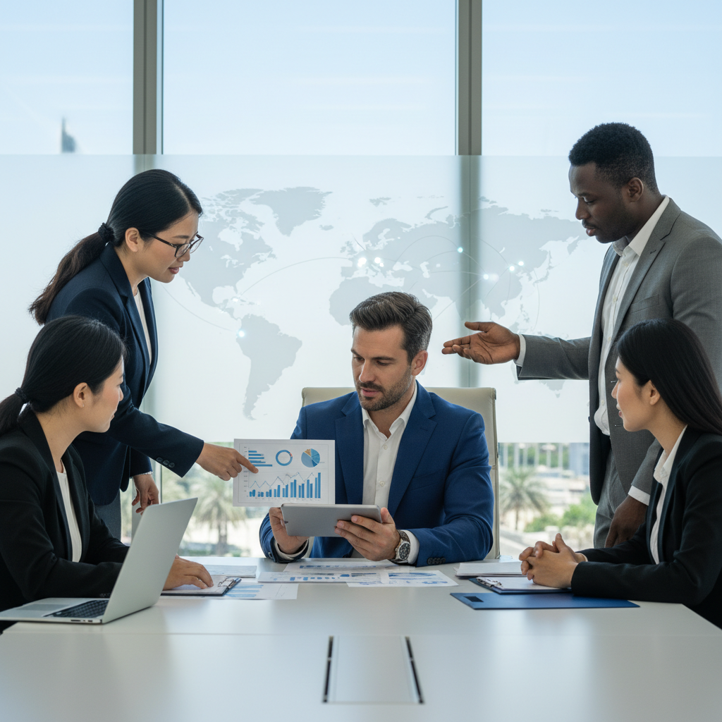 A professional UK expat businessman in a modern office setting in a foreign city, looking at a digital tablet with business charts, receiving premium business advice from a diverse team of consultants, with a world map subtly in the background, showcasing global strategy and collaboration. Photorealistic, high-resolution.