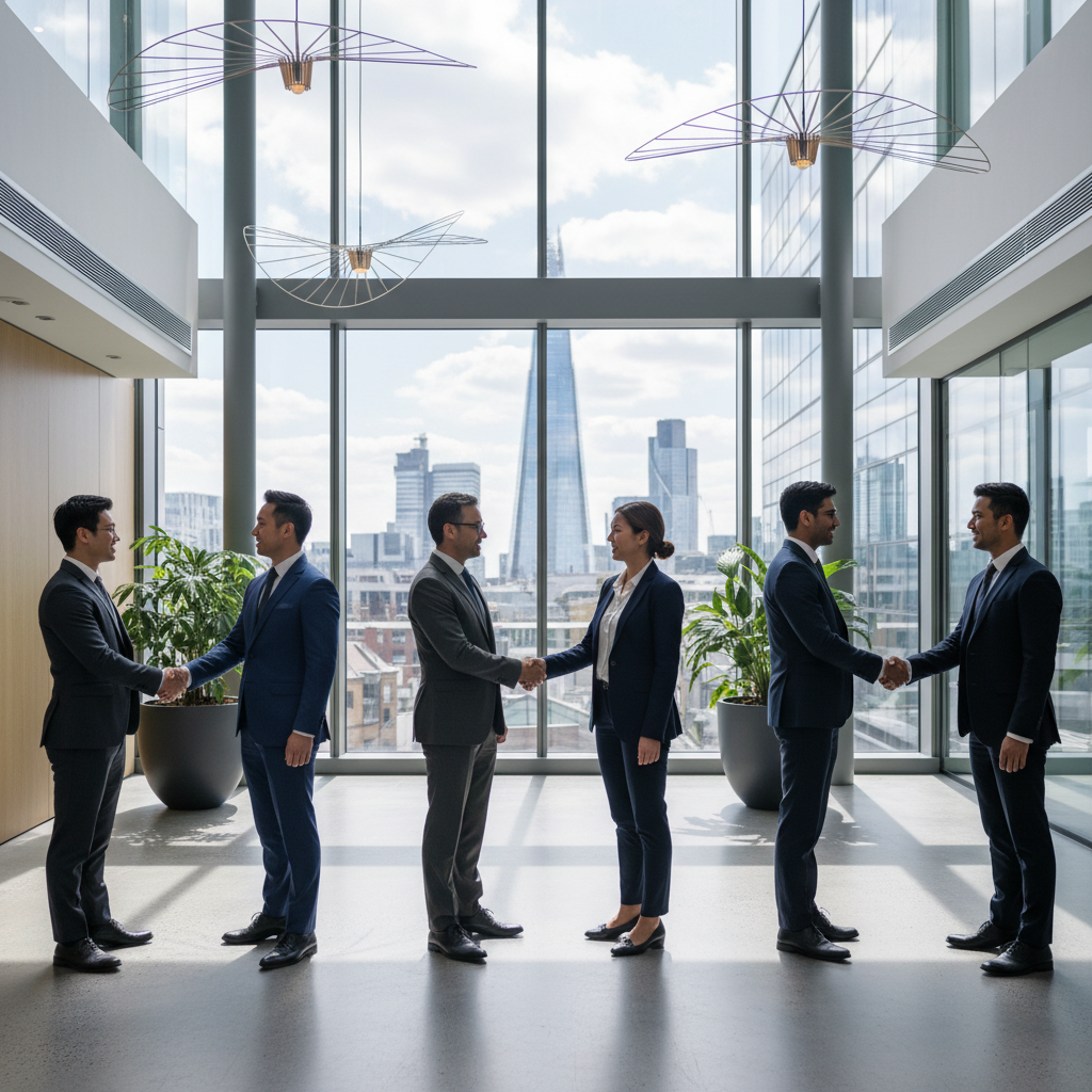 A diverse group of expat business professionals, both men and women, in professional attire, shaking hands in a modern, light-filled UK office building lobby, showcasing successful international business setup. The setting is vibrant and professional, with a blurred cityscape visible through large windows in the background.