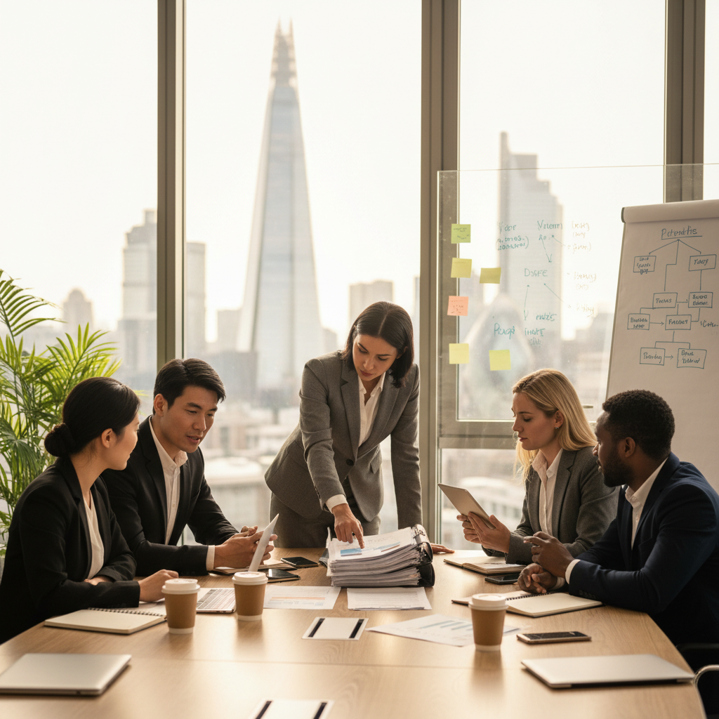 A diverse group of business professionals, including expats, in a modern, brightly lit UK office discussing legal documents with a professional solicitor. The scene is collaborative and professional, emphasizing legal consultation and business planning. The atmosphere is confident and focused, with London's skyline subtly visible through a window.