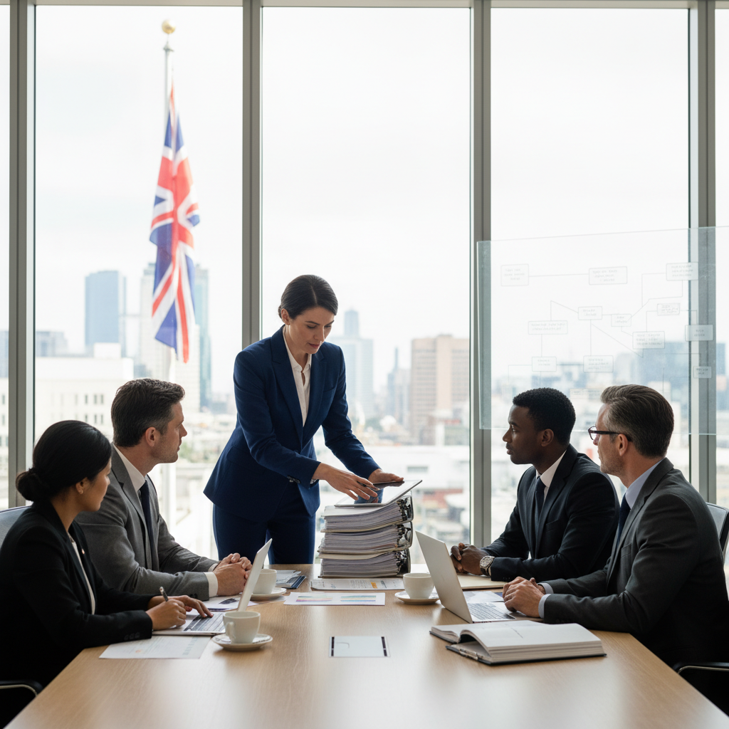 A professional, diverse team of lawyers and business professionals collaborating in a modern office environment, reviewing immigration documents and discussing strategies. The focus is on a lead UK corporate immigration lawyer explaining a complex point to a client, with a UK flag subtly visible in the background, conveying expertise and trust.