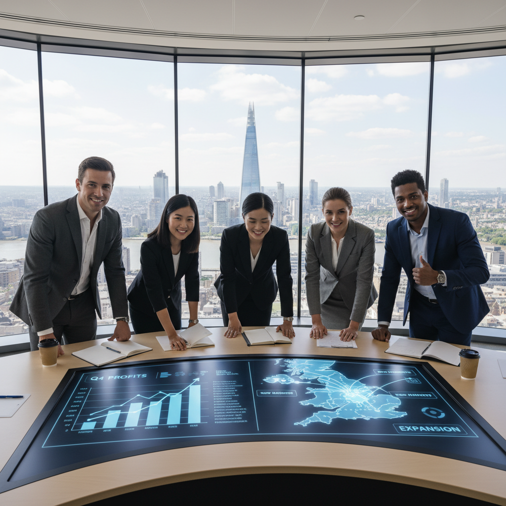 A diverse group of business professionals in a modern, light-filled office space in London, looking confidently at a computer screen showing financial data and a UK map. They are collaborating, and there's a sense of successful international business expansion. The scene should be photorealistic and professional.