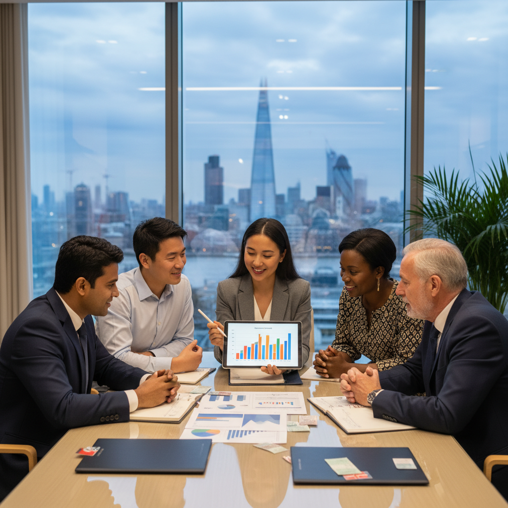 A diverse group of people, representing different nationalities and ages, engaging in a professional, friendly discussion with a financial advisor in a modern office setting in London. They are looking at charts and documents on a tablet, symbolizing financial planning and international wealth management. The background features a blurred London skyline, emphasizing the UK context. Photorealistic, high detail.