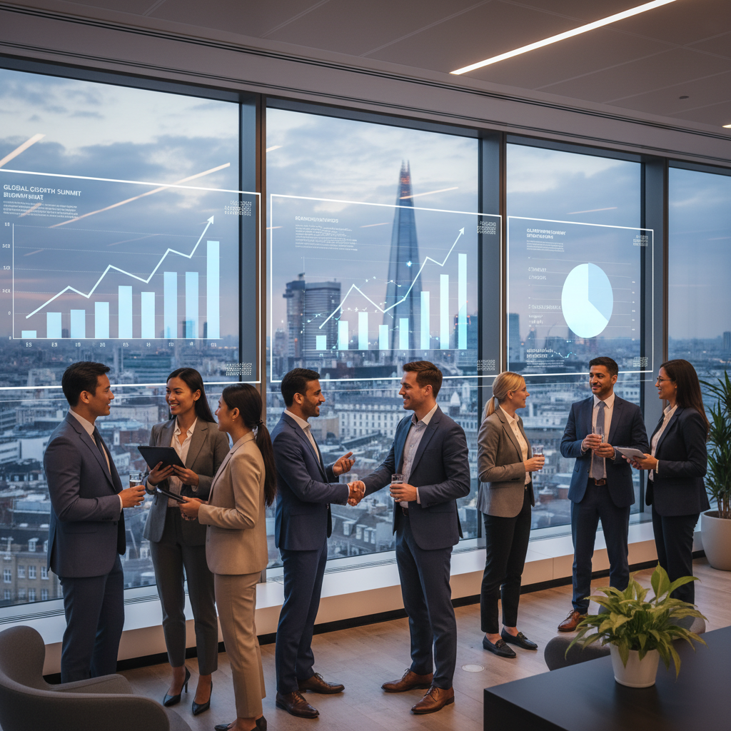 A diverse group of international business professionals engaging in a networking event in a modern, light-filled UK city office building, overlooking a skyline featuring iconic landmarks. They are shaking hands and discussing investment opportunities, with digital charts and graphs faintly visible on large screens in the background. The atmosphere is collaborative and optimistic.