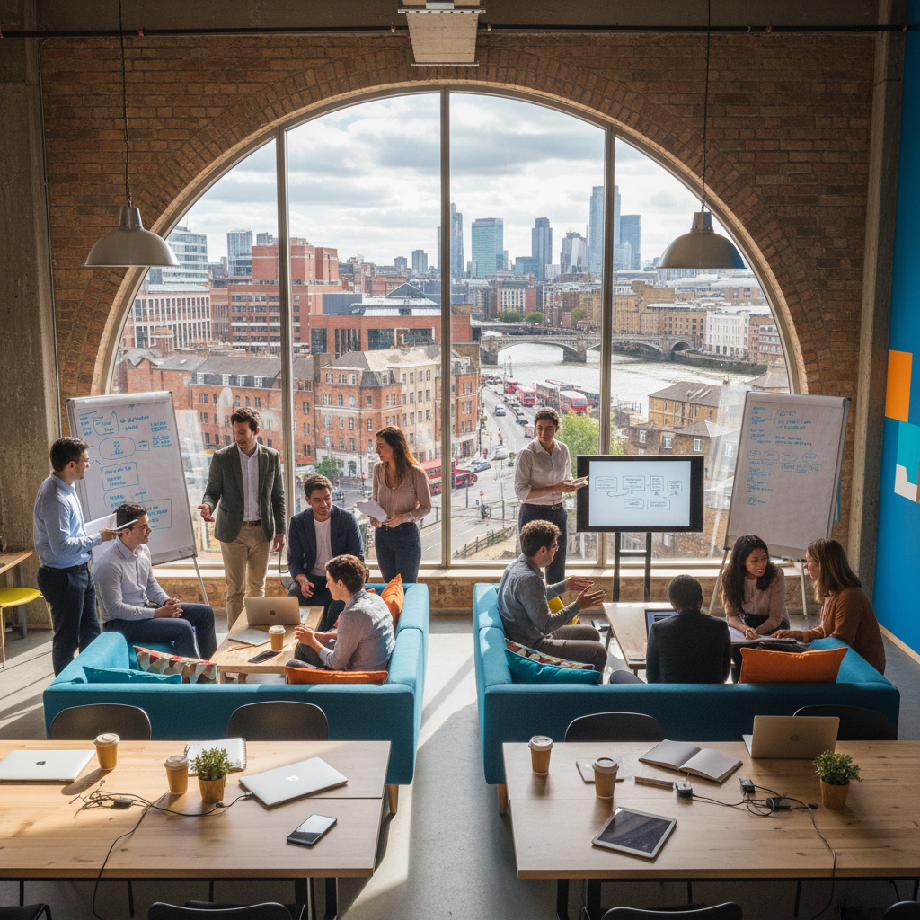 A diverse group of entrepreneurs from various backgrounds collaborating in a modern, vibrant co-working space in a UK city, with a cityscape visible through a large window. The atmosphere is energetic and innovative, depicting a thriving startup culture.