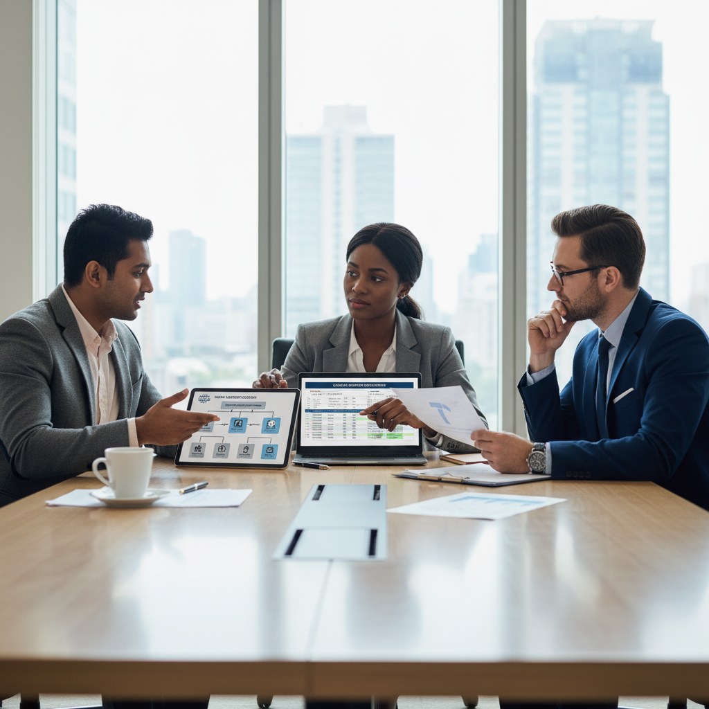 A detailed, photorealistic image of a diverse group of professionals (an expat entrepreneur, a financial advisor, and a legal consultant) in a modern, light-filled office, discussing documents on a tablet and laptop, symbolizing business setup and legal compliance.